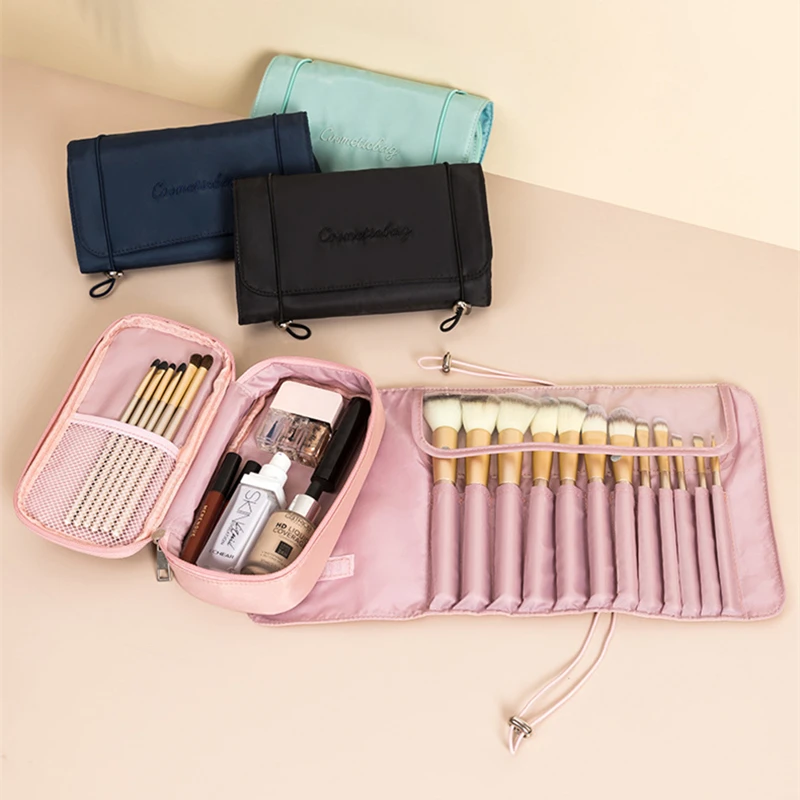 Women's Portable Foldable Cosmetic Bag with Large Capacity Nylon Makeup Toiletry Storage Brush Travel Case Beauty Accessories