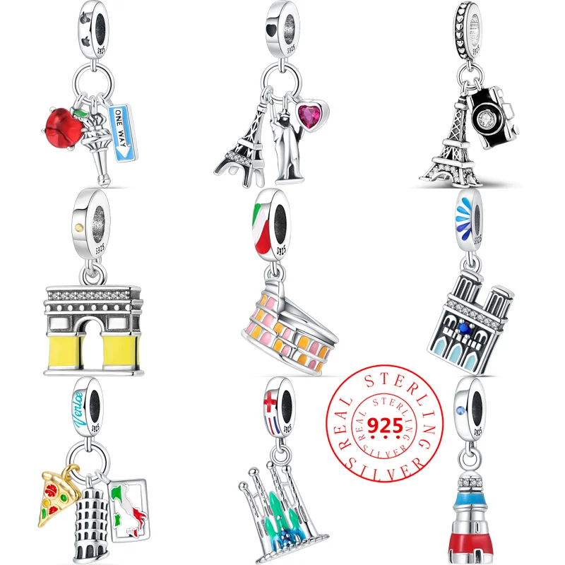 

925 Sterling Silver Eiffel Tower Church Famous Buildings Luminous Pendant Beads Fit Original Pandora Charms Bracelet DIY Jewelry