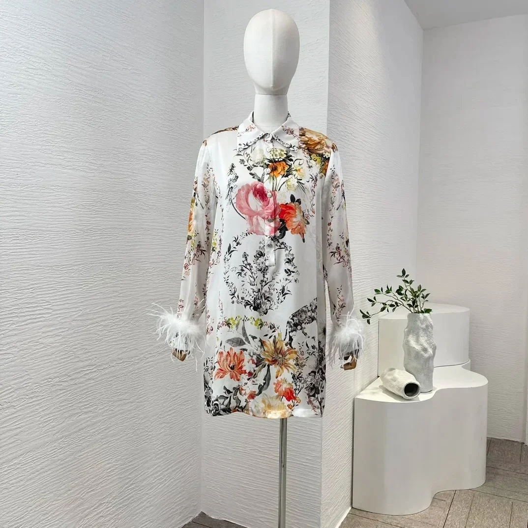 

High Quality Silk 2024 New White Re-tro Floral Print Long Sleeve Feather Spring Summer Mini Dress for Women
