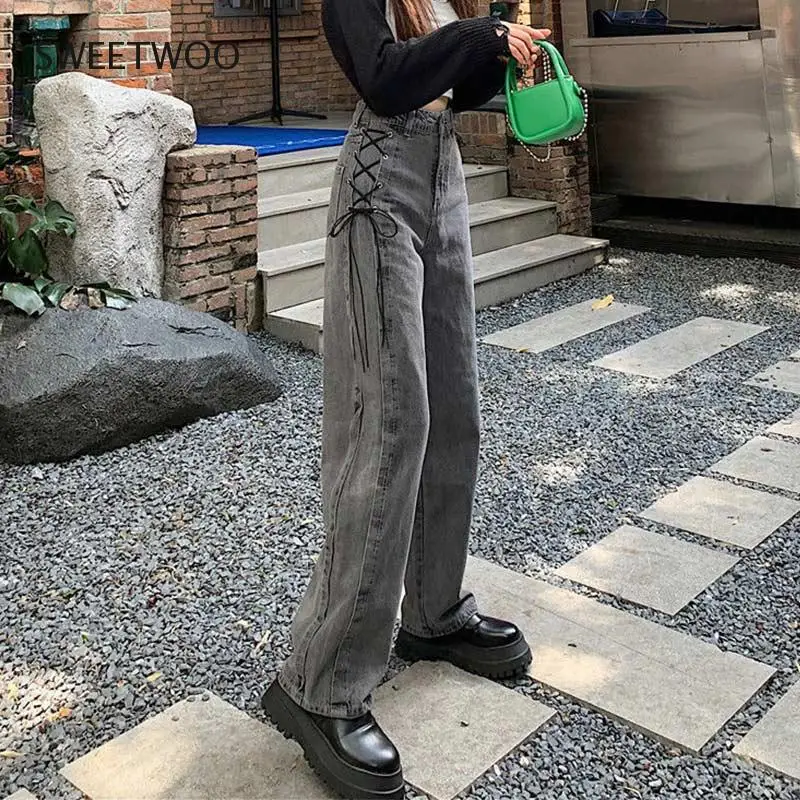 Fashion Gothic High Waist Jeans Women Chic Side Lace Up Wide Leg Denim Pants Female Harajuku Y2K Streetwear Straight Trousers