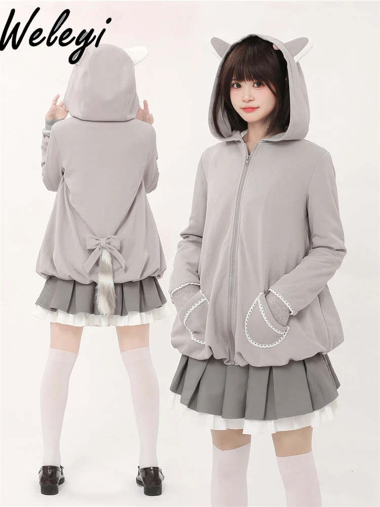 Sweet Women's Skirt Suit Lovely 2024 Spring Sets Three Dimensional Ears Bud Coat White Bow Shirt Pleated Mid Length Sets 3 Piece new 2024 mini desktop calendar kawaii anime cartoon cat creative calendar portable lovely small office calendar student supplies