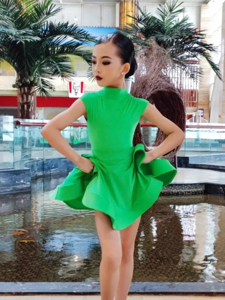 Dance Dress Green Ballroom Latin Short Sleeve Girls American Dance Rumba Cha Cha Samba Tango Costume Competition Practice Kids