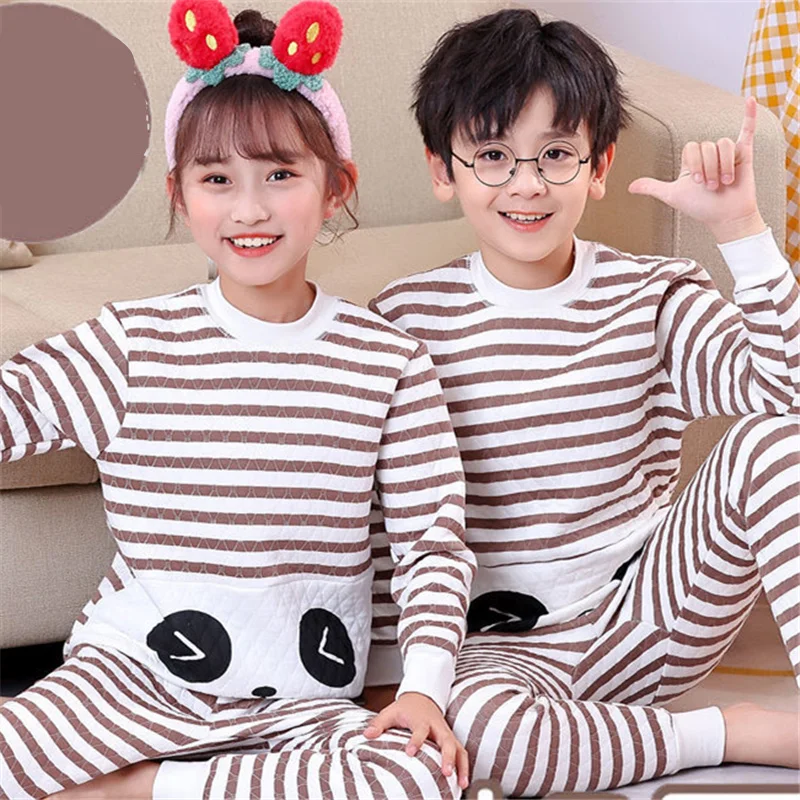 Children Underwear Suits Children Clothes Cartoon Style Children Cotton Thermal Underwear Suit Three-layer Thick Warm Clothing Boys Girls Winter Soft Home Clothes Pajamas