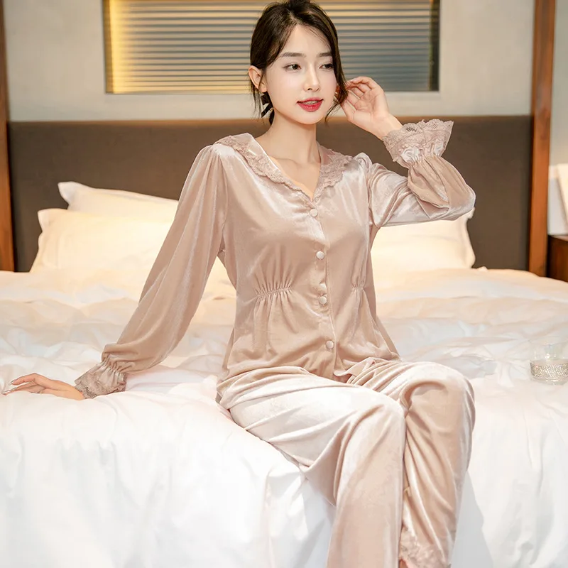 

Sexy V-Neck Lace Velour Warm Pajamas Sleepwear Long Sleeve 2Pcs Pyjamas Pour Femme Nightgown Slim Homewear Women Soft Loungewear