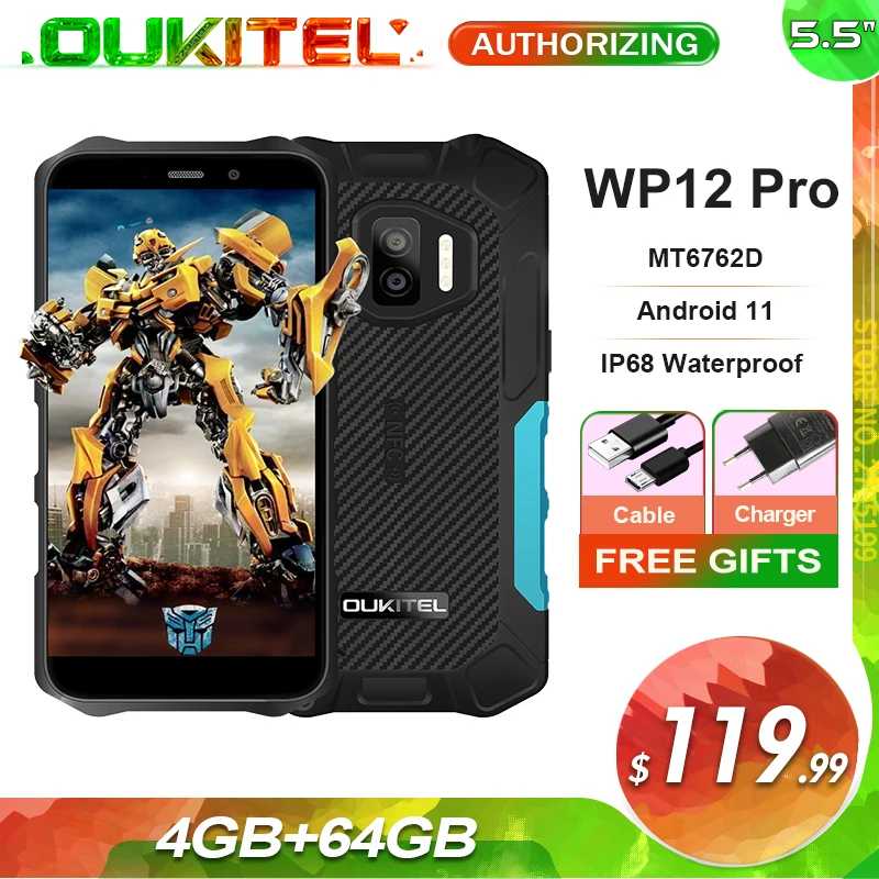 

OUKITEL WP12 Pro 4GB+64GB IP68 Waterproof Smartphone Android 11 5.5'' HD+ 4000mAh NFC MT6762D Octa Core Rugged Mobile Phone