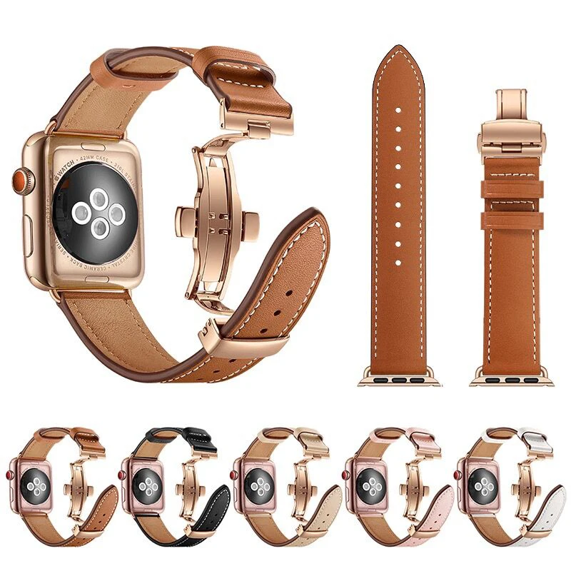 

Ремешок из натуральной кожи для Apple watch band, браслет с застежкой-бабочкой для iWatch 4 5 6 se 7, 45 мм 41 мм 44 мм 40 мм 42 мм 38 мм