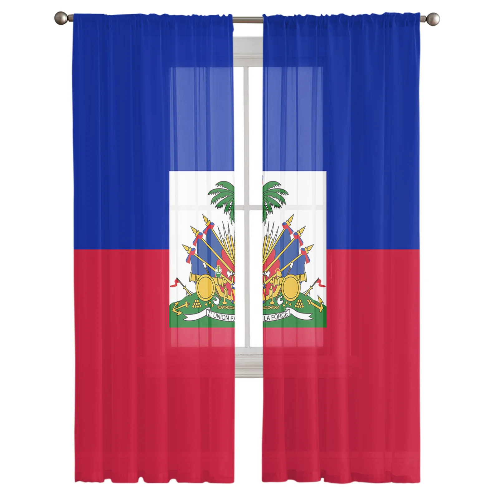 빨간색과 파란색 아이티안 플래그의 날 코코넛 나무 플래그 쉬어 커튼, 거실 침실 창 처리 주방 쉬폰 커튼 