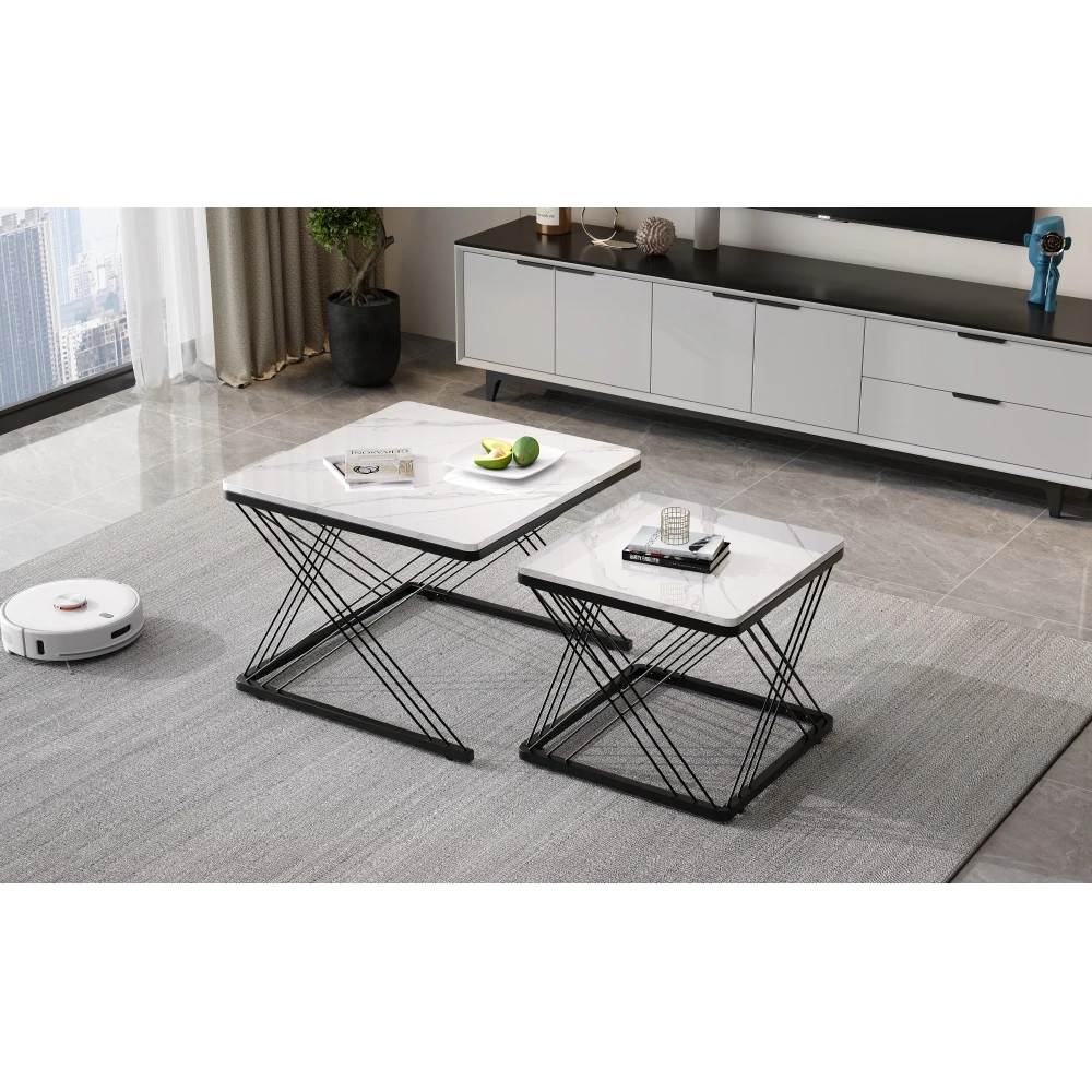 2-teiliges Couchtisch-Set, quadratische Tische in 60 x 60 x 45 cm und 45 x 45 x 40 cm, hochglänzende Marmoroptik, höhenverstellbare Füße, bis zu 30 kg – Detail 24