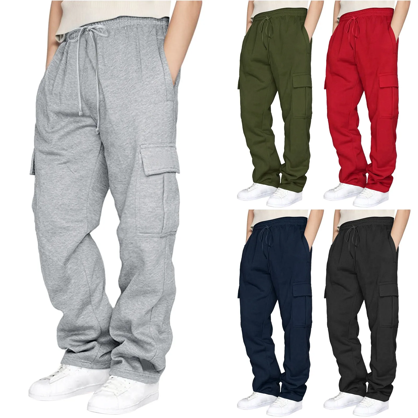 

Womens Daily Outdoor Elastic Waist Side Pockets Sweatpants Casual Workout Cargo Trousers Exercise Male Clothing Wide Leg Pants