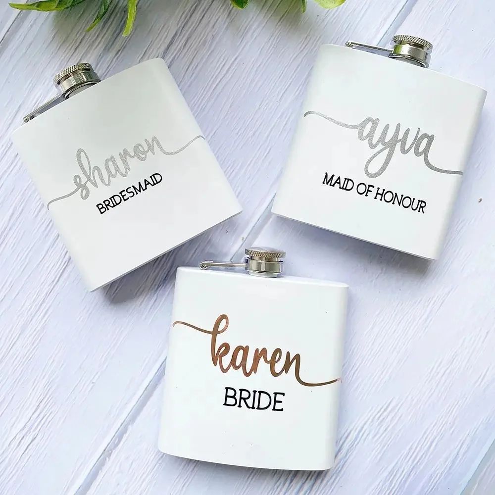 thumbnail interactive-video image 1 of 8-Piece Bridesmaid Flask Set - 6 Oz Stainless Steel Hip Flasks With Funnels For Wedding Parties 1 of 2