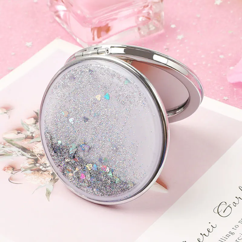 

Portable 2X Face Magnifying Mirrors Creative Glitter Makeup HD Quicksand Small Cute Cartoon Shine Makeup Tools Beauty Health