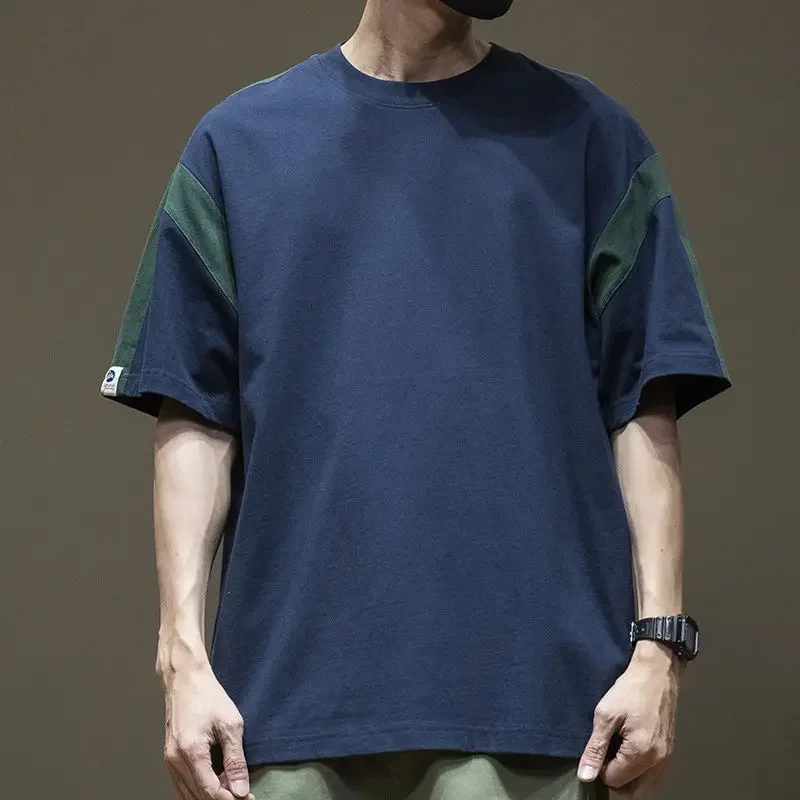

Футболка мужская свободного покроя, топ с соединением, винтажная одежда в японском стиле, мешковатая синяя, стиль Харадзюку, 5xl полиэстер, Xl