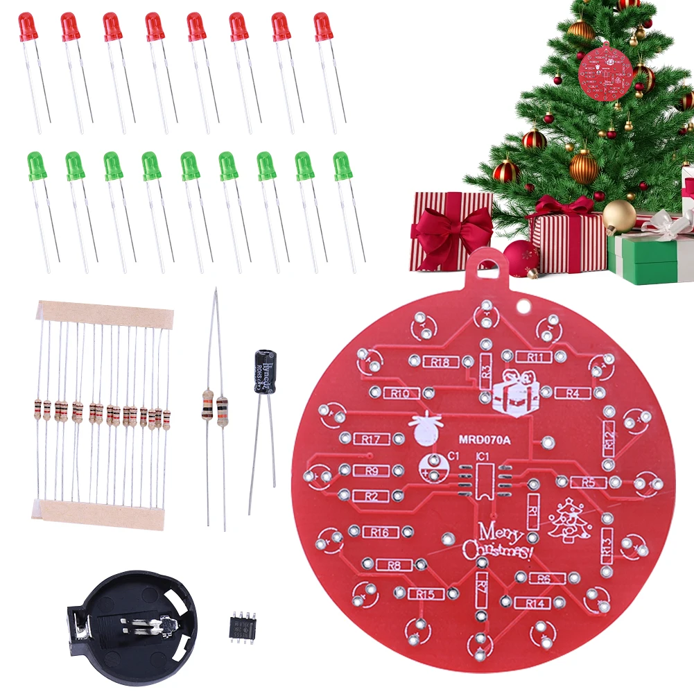 NE555 PCB Crcuit Ornaments Soldering Kit Red & Green LED Light Christmas Tree Soldering Kit for STEM Educational Valentine Day