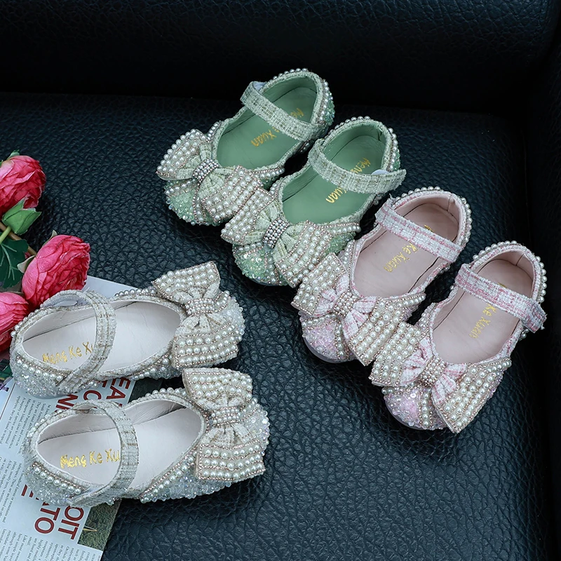 Elegant Girl's Princess Shoes Beading Bowknot Four Colors Children Mary Janes Sweet Party 21-37 Beautiful Fashion Kids Flat Shoe