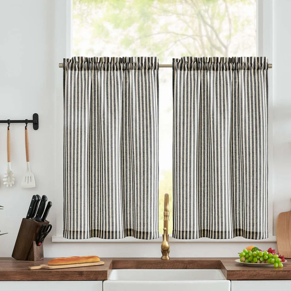Linen Kitchen Curtains - Japanese Striped Short Rod Pocket Drapes