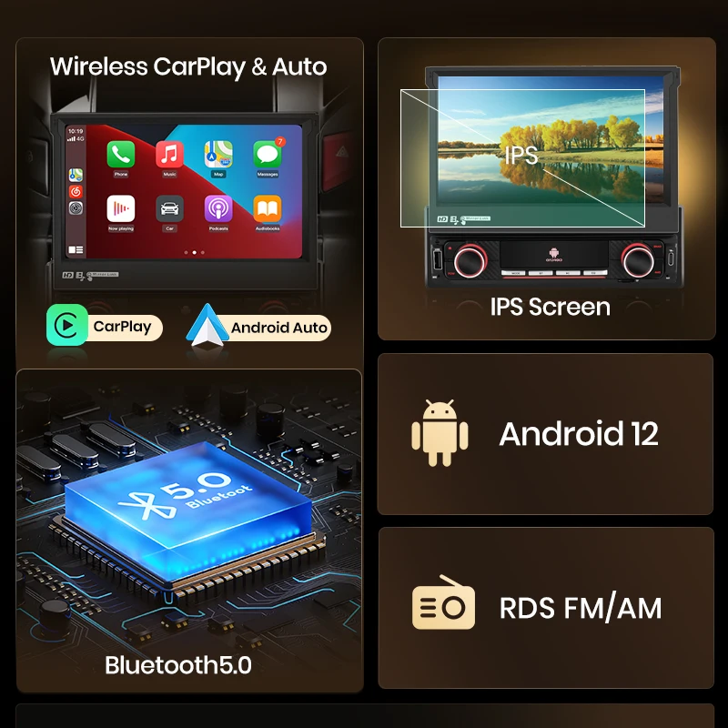Junsun 7 "Tela táctil IPS retráctil automática Universal 1 Din inalámbrico CarPlay Android Auto Radio estéreo para coche navegación GPS 4