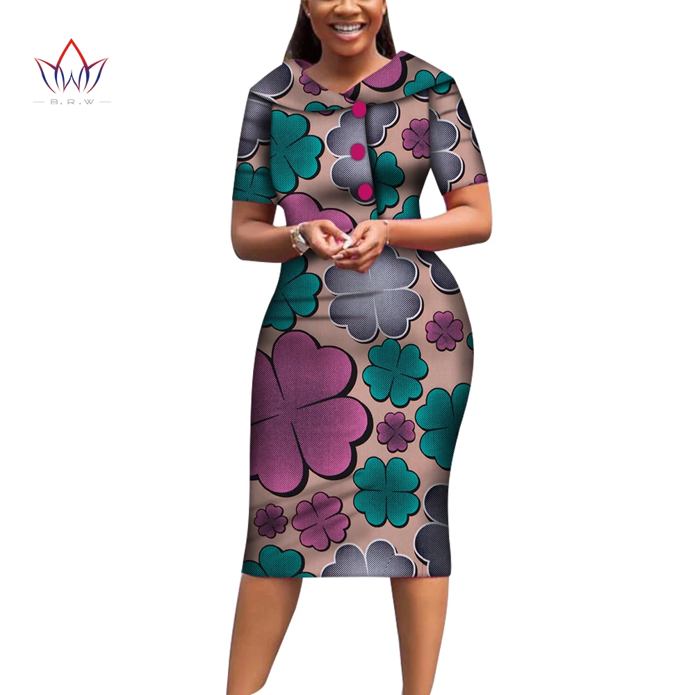 

Ready To Shipping African Print Dresses For Women Short Sleeve Mid-dress Dashiki Traditional Clothing WY6482