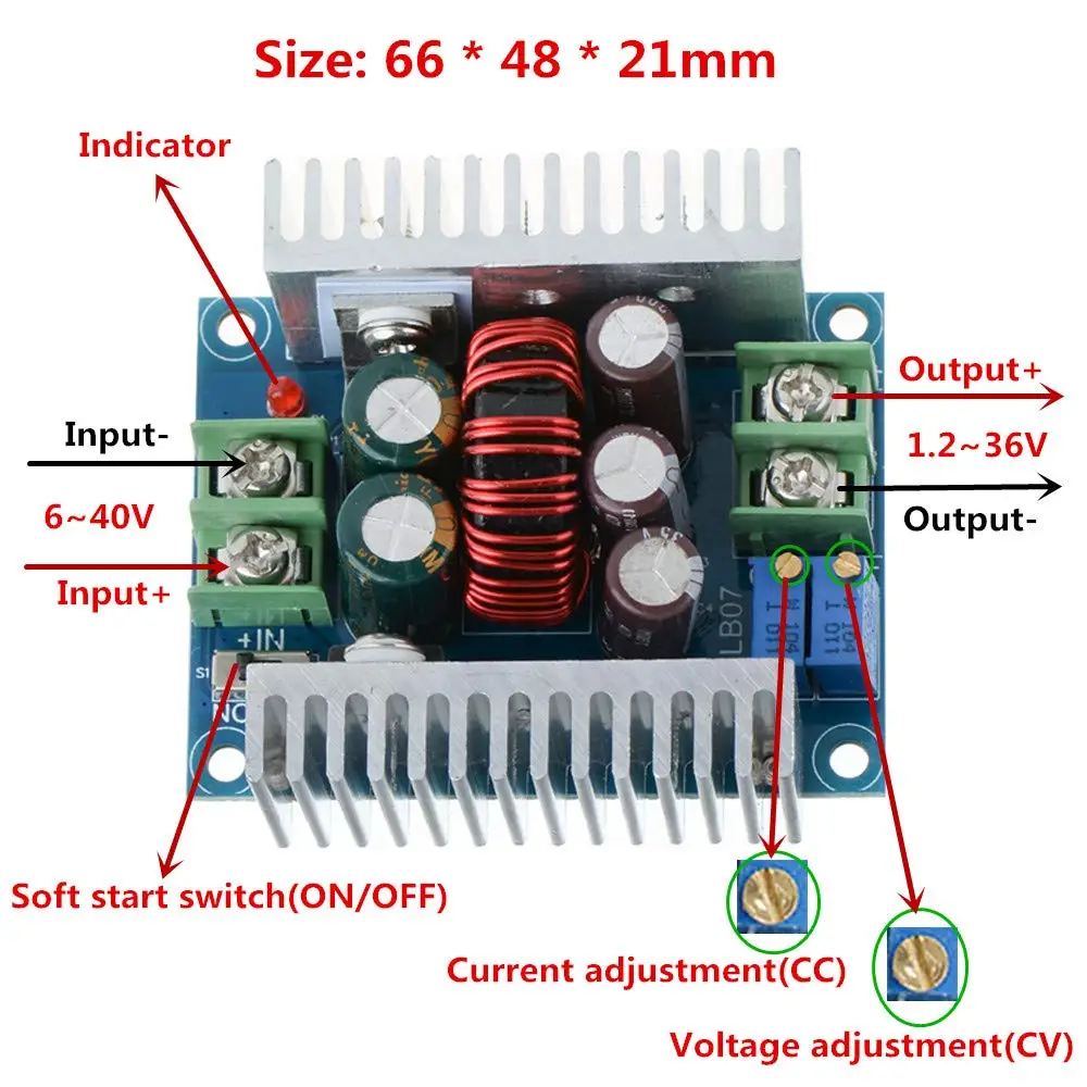 Voltage Regulator 20A 300W CC CV Step Down Module Adjustable DC 6-40V to 1.2-36V Buck Converter Constant Current Power Supply