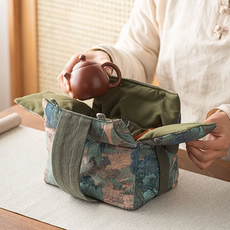 Fabric Tea Set Storage Bag Outdoor Travel Portable Tea Bag Teapot Tacup Cover Bowl Large Capacity Handheld Storage ZE969