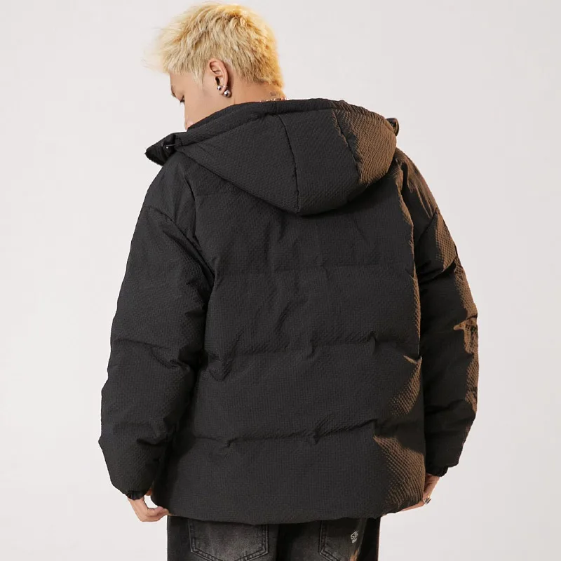 Aolamegs Men Down Jacket with Hood Solid Simple Waffle Duck Padded Coat Japanese Retro Loose Lightweight Warm Parkas Unisex