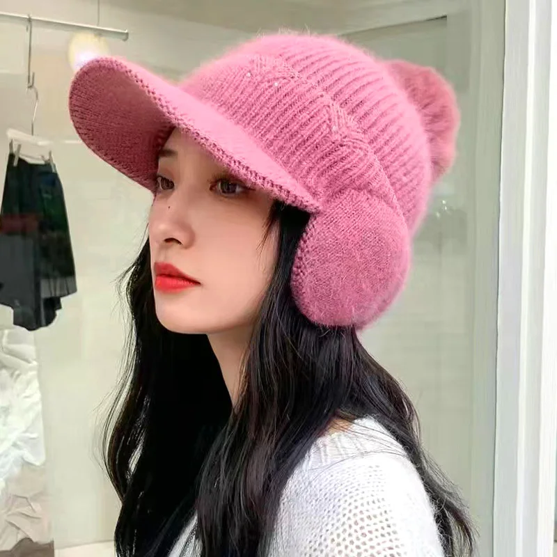 여성용 두꺼운 벨벳 오리 혀 니트 울 모자, 야외 사이클링 귀 보호 야구 모자, 폼폼 따뜻한 피크 캡, 겨울