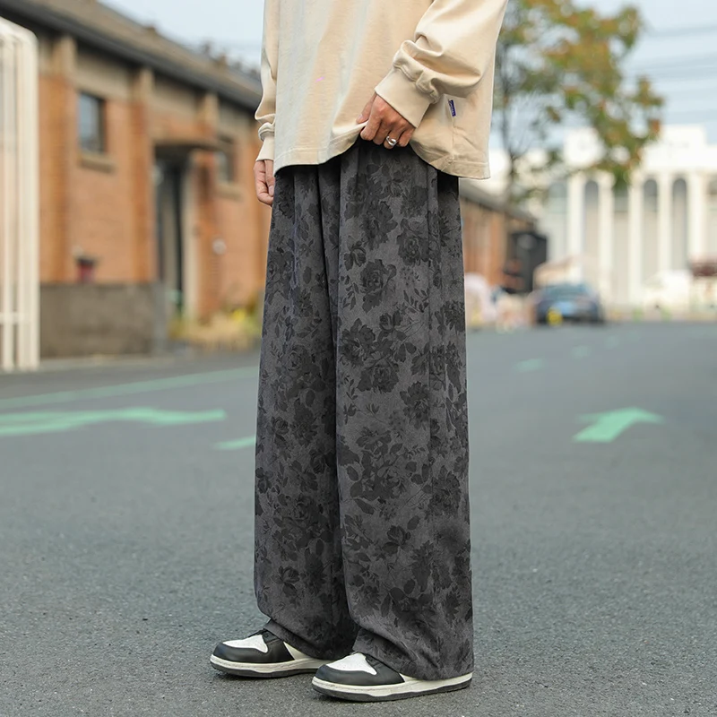 Summer Casual Pants Elastic Waist Straight Wide Leg Printed Pants Baggy Japanese Lightweight Trousers