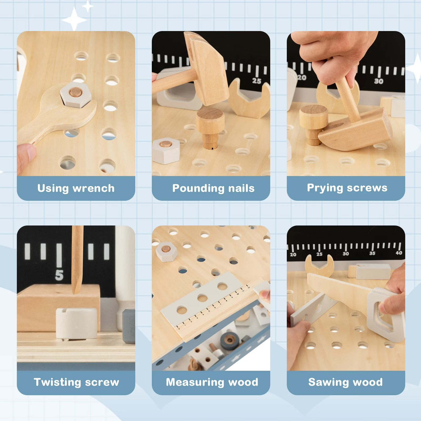 Kids Wooden Toy Workbench Toddler Pretend Play Tool Bench Workshop w/Accessories 6