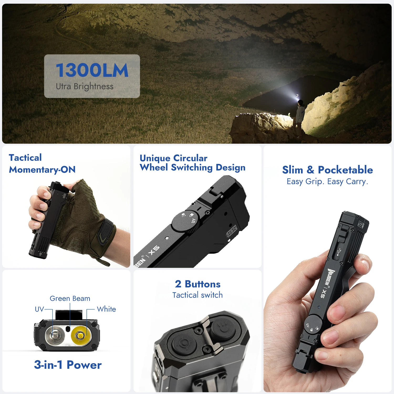 WUBEN X5 충전식 1300LM 밝은 EDC 손전등, 화이트 LED, UV 및 녹색광 6가지 모드, 전술 클립, IP65 방수