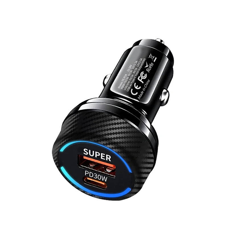 차량용 60W 초고속 충전기 PD30W 타입 C QC USB A 듀얼 포트 어댑터 블루 LED 링 지능형 칩 (블랙박스용)
