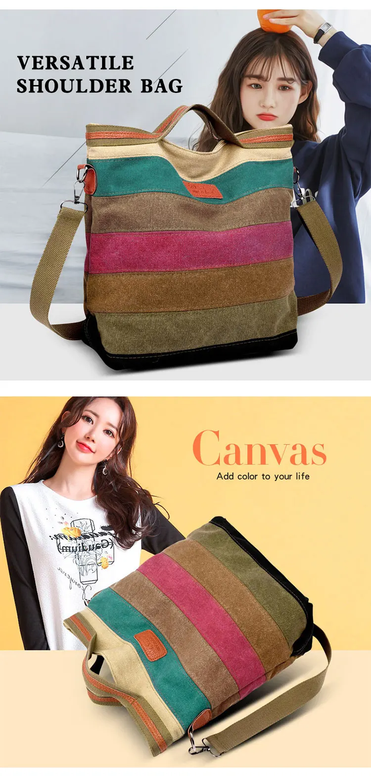 Modische Damen-Umhängetasche, Regenbogen-Streifen, Patchwork-Umhängetasche, große Kapazität, Canvas-Damenhandtaschen, Geschenk – Detail 3