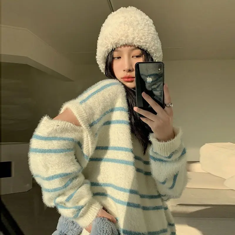 

Korea Blue Striped Knitted Pullovers Women Punk Style V-neck Removable Sleeve Sweater Autumn Sweet Imitate Mink Wool Sweater