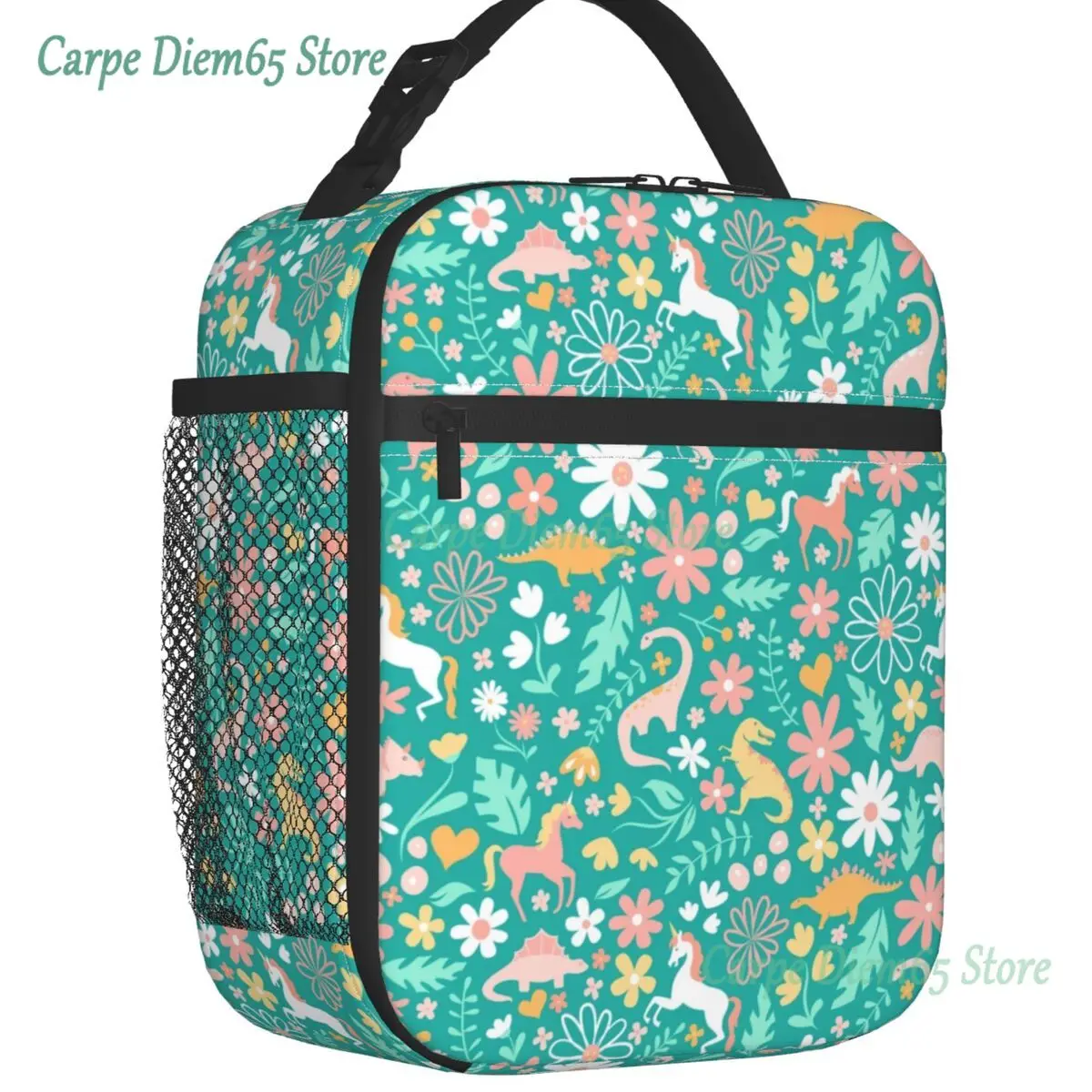 

Cute Unicorn And Dinosaur Print Insulated Lunch Bags for Work School Portable Cooler Thermal Bento Box Women Children