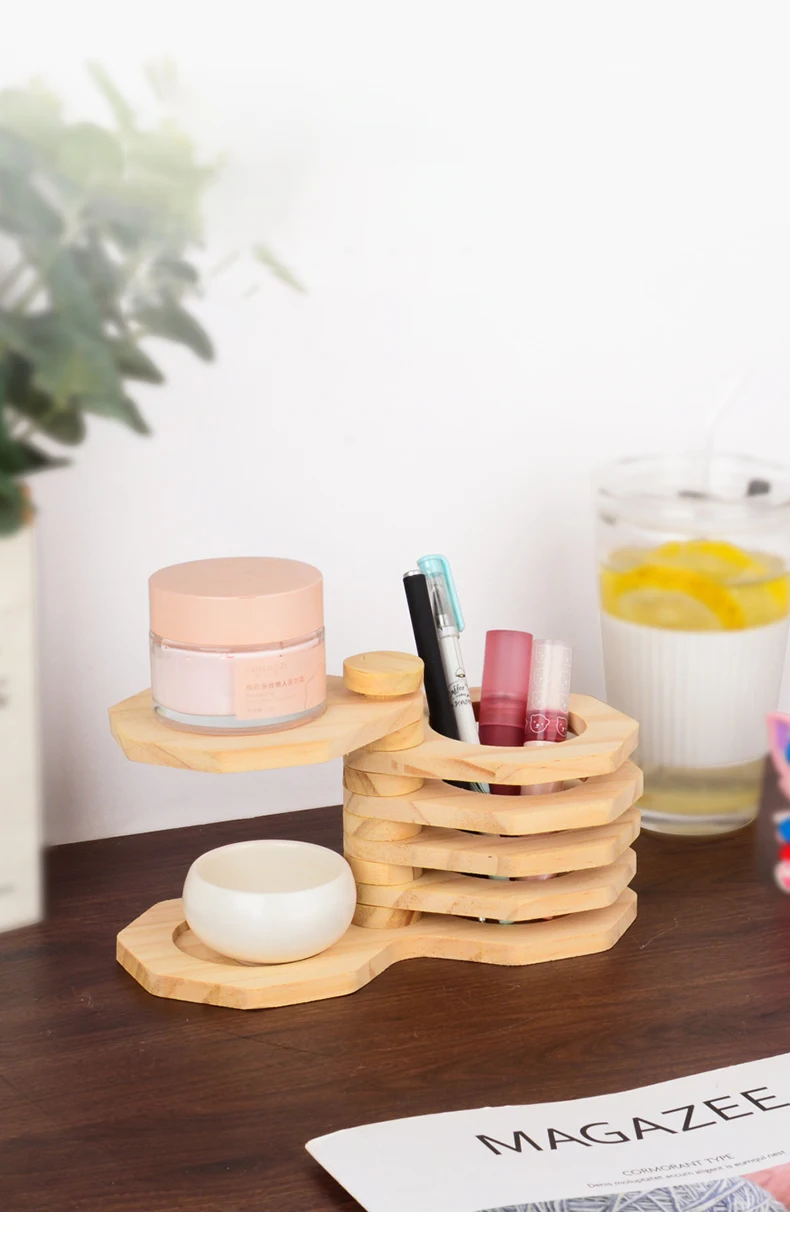 Description Picture 2 of itemWooden Pen Holder, Creative Desktop Pencil Holder Makeup Brush Organizer 360° Rotating Cosmetic Storage Rack Stationery Box