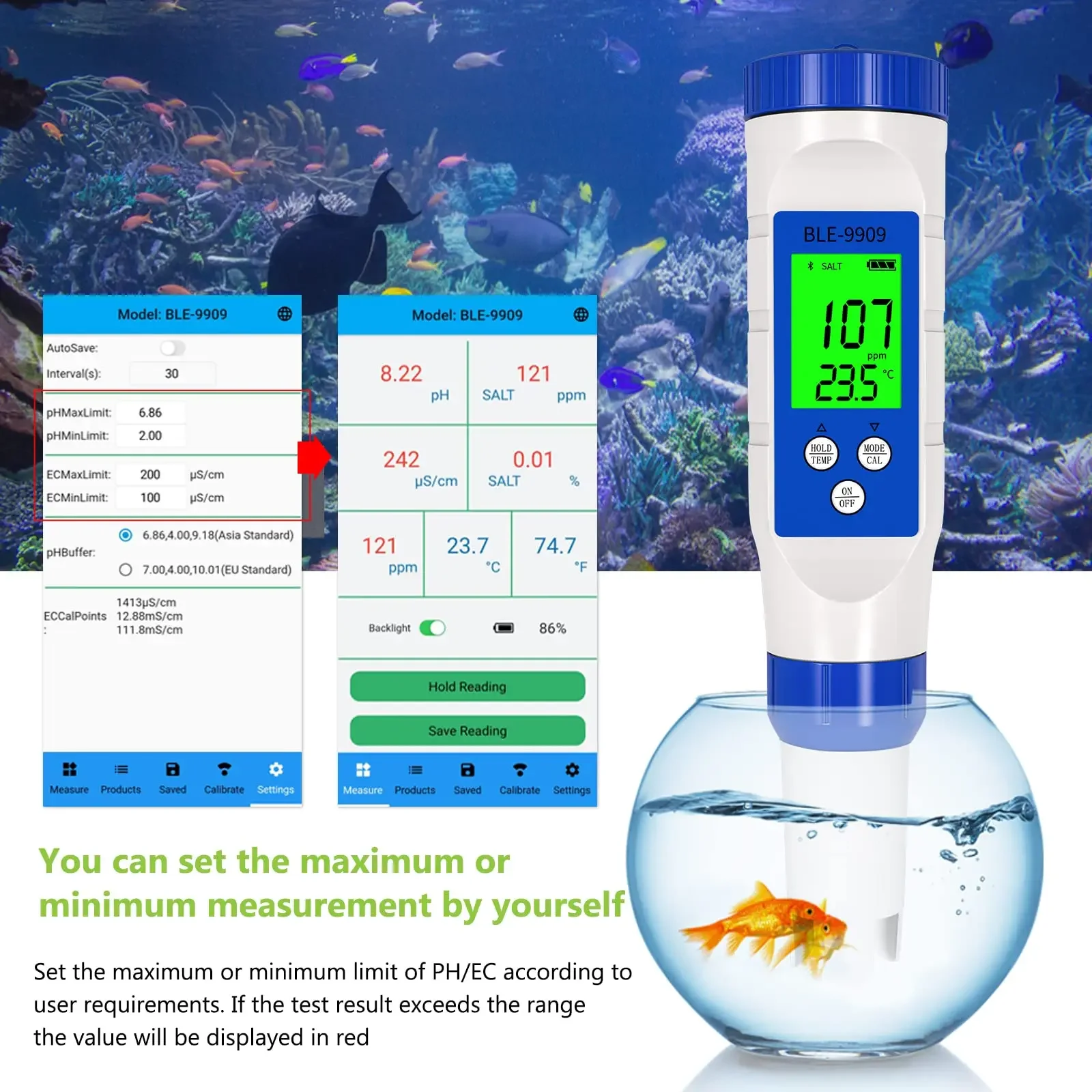 5 in 1 PH/TDS/EC/Salinity/Temp Meter with ATC, Smart Bluetooth PH Tester for Pools, Seawater, Aquariums, Koi Fish Pond