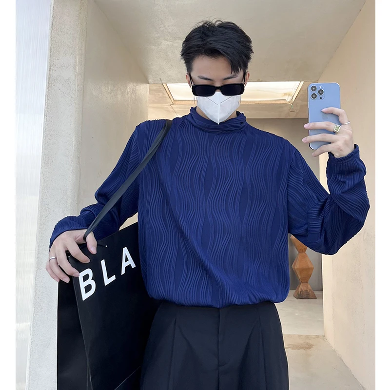 3d Pleated Texture Solid Black White Autumn Winter Turtleneck Soft Casual Long Sleeve Men Harajuku Fashion Oversized Base Tops