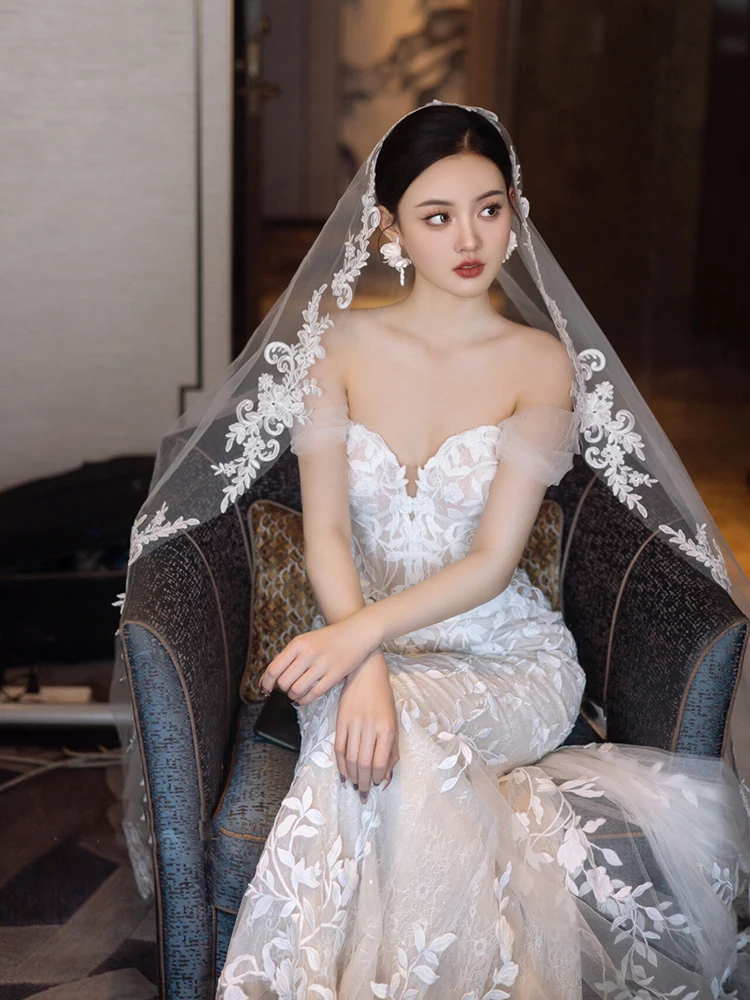 Long Cathedral Length Bridal Veils Appliques Stock Wedding Veils Wedding Accessories