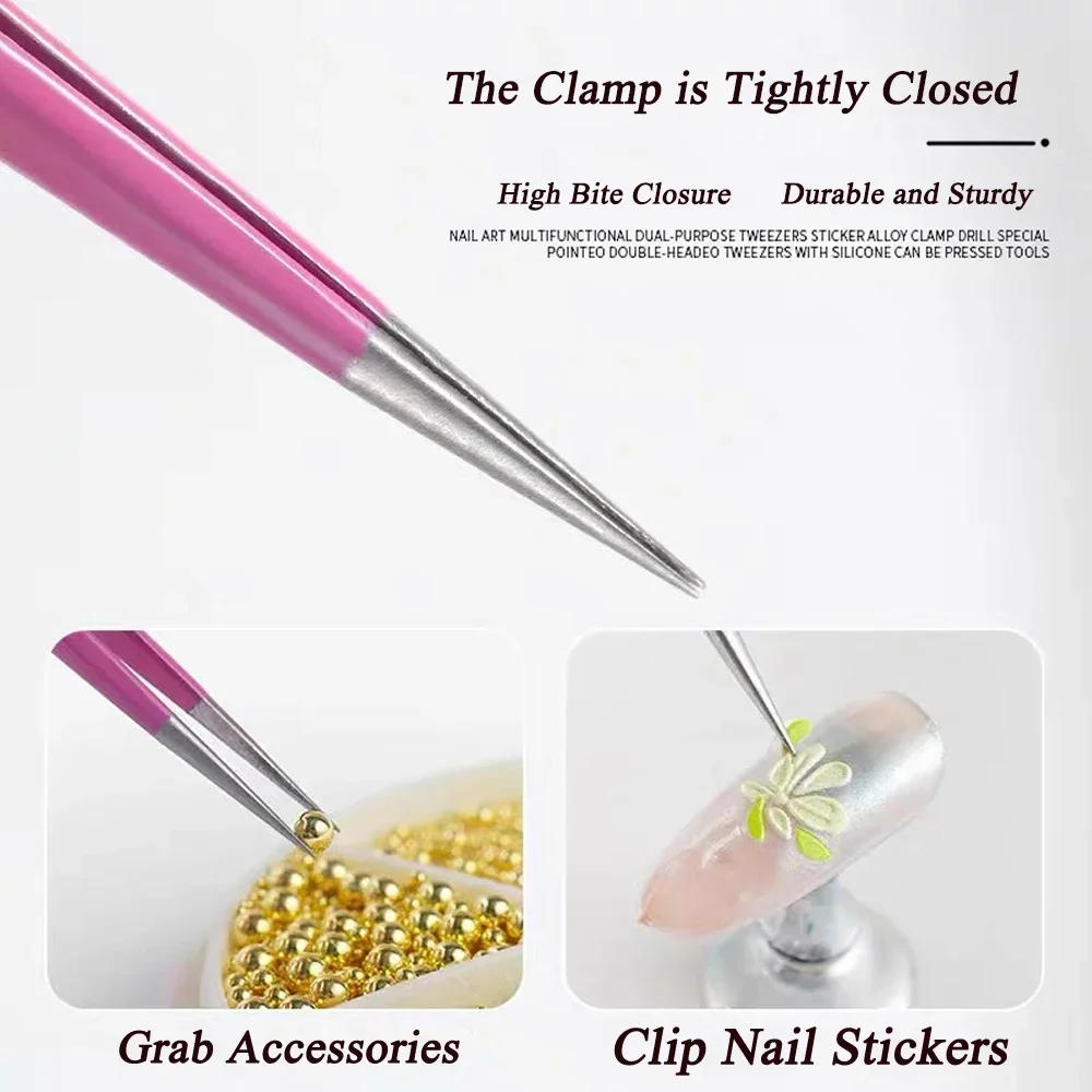 DoubleSlant Tip Headed Tweezers Stainless Steel Black/Pink Makeup Tool Silicone Press Head For Nail Stickers Eyelashes Tweezers