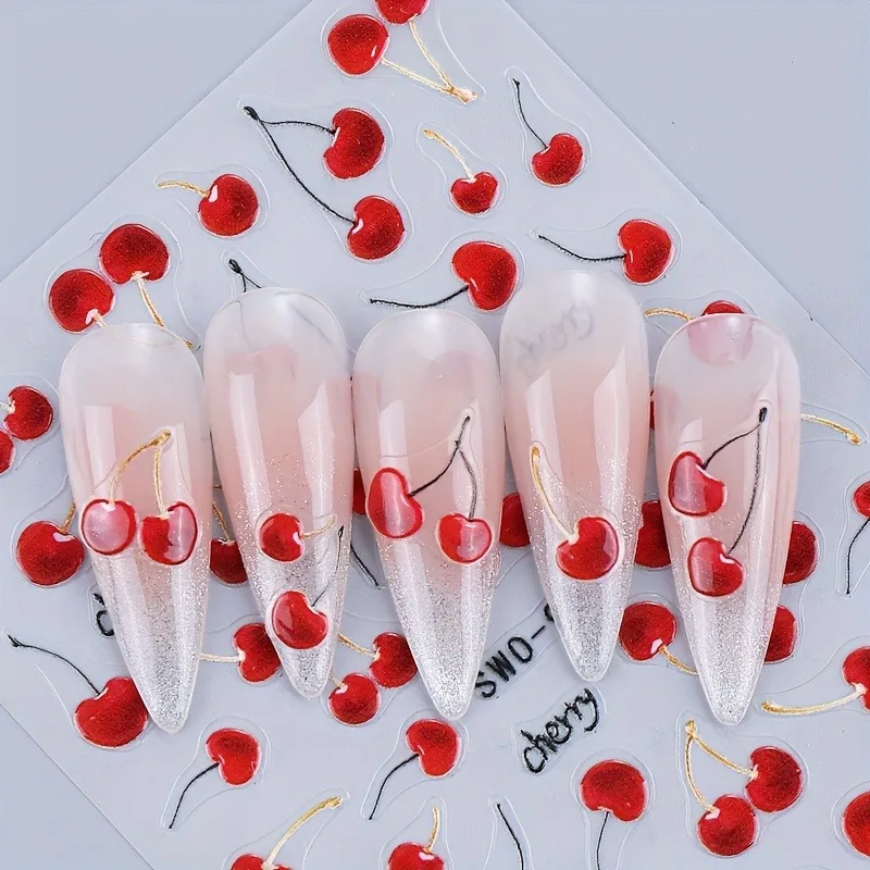 레드 체리 비 3D 네일 스티커 - 여성용 봄 여름 꽃무늬 네일 데칼 DIY - 음악 축제/부활절/피크닉 네일 아트 데코레이션
