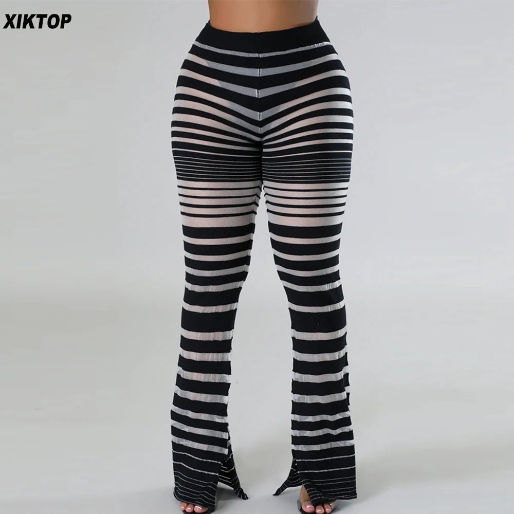 

Xiktop Striped Knit High Waist Flare Pants Ladies Sexy See Through Legging Trousers Black Elastic Bodycon Woollen Boot Cut Pants