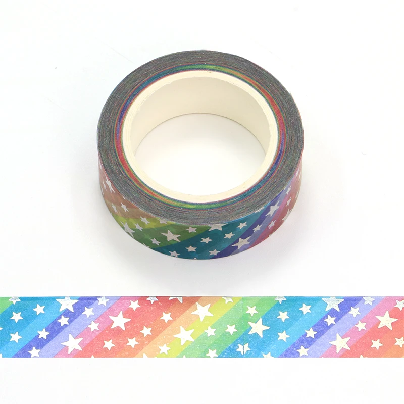 1PC. 10M Deco Silver Foil Rainbow Stars Washi Tape for Planner Scrapbooking Adhesive Stickers Masking Tape Cute Kawaii Papeleria 2