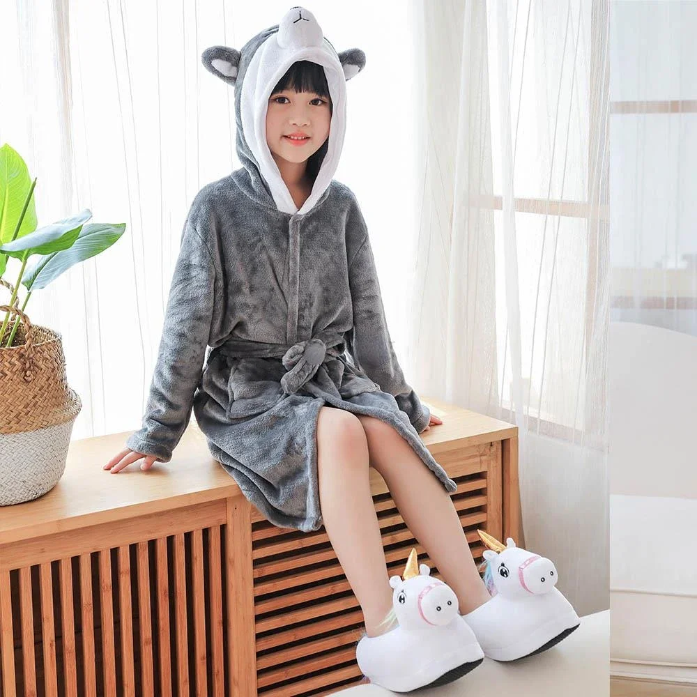 Winter Wolf Children's Bathrobe Clothing for Girls Kids Pajamas Unicorn Kigurumi Hooded Bath Robe Flannel Warm Bath Towels