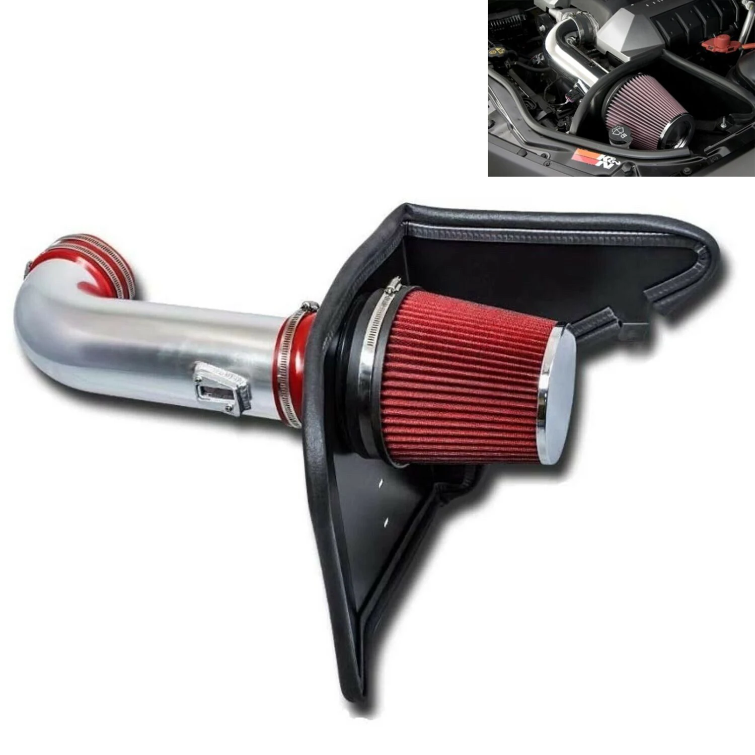 

Engine 4'' Cold Air Intake System Kit + Heat Shield Red Filter for Camaro 6.2L V8 10-15 Silver Pipe
