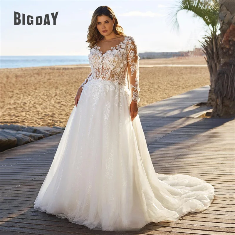 Robe de Mariée Trapèze Blanche en Dentelle, Grande Taille, Col en V, Manches sulf, Tulle, Dos aux, Patients, Balayage, Traîne, Élégante