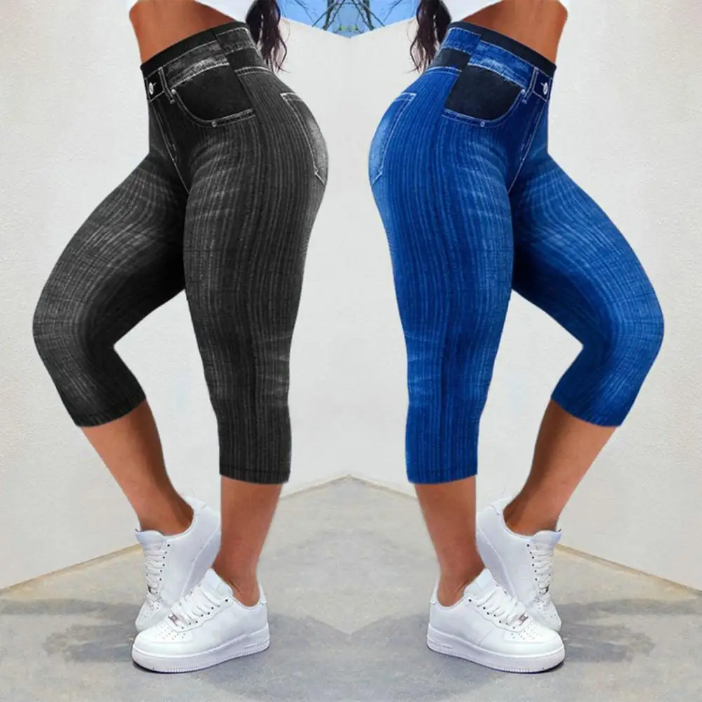 

Women Cropped Pants Stretch Fitness Fake Pockets High Waist Butt-lifted Faux Denim Jeans Soft Casual Thin Pencil Pants Leggings