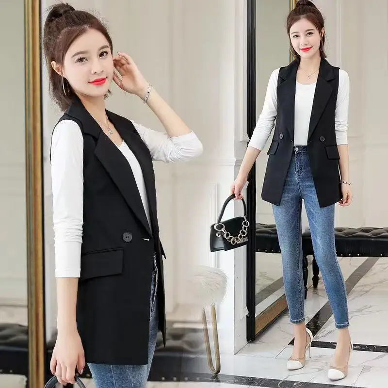 long puffer jacket Office Lady Long Casual Vest Women Classic Loose Black Pocket Waistcoat Woman Elegant Slim Sleeveless Outerwear Chic parka coat Coats & Jackets