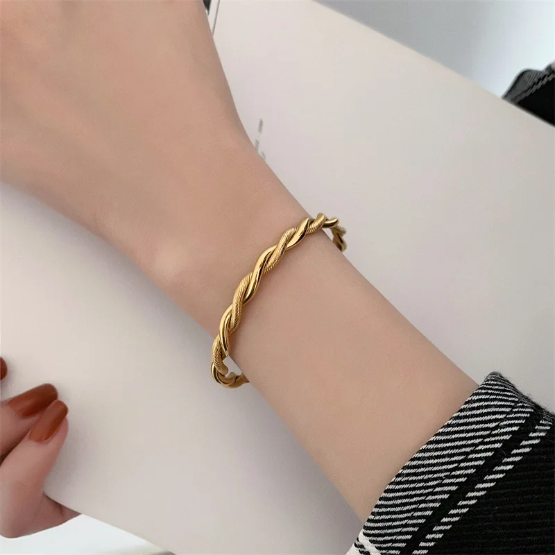 Bangle Bracelet Stainless Steel Bracelet Trendy Charm Cuff Twist Bracelets Opening Bangles For Women Gold Color 316L Stainless Steel Wire Thin Simple