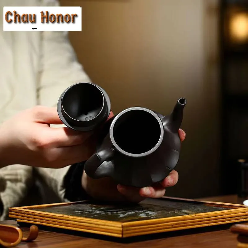 190ml Yixing Purple Clay Pot Famous Hand-made Ribbed Palace Lantern Teapot Raw Ore Black Mud Household Tea Set Customized Gifts