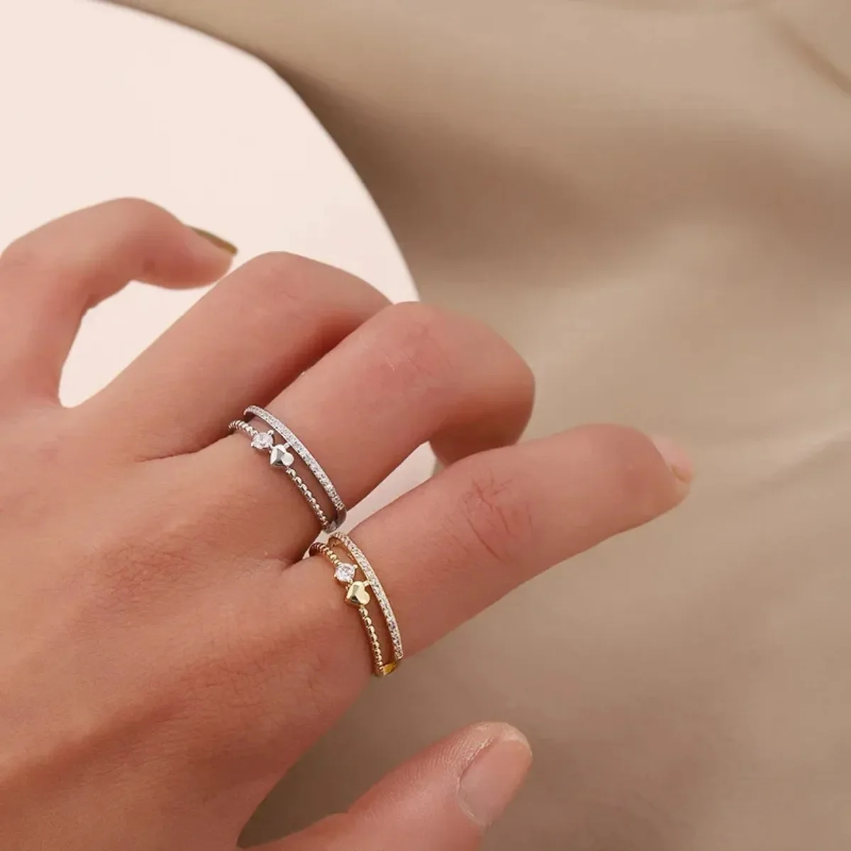 Double Layer Heart Zircon Rings Women's Stainless Steel Crystal Finger Wedding Jewelry Couple Gift