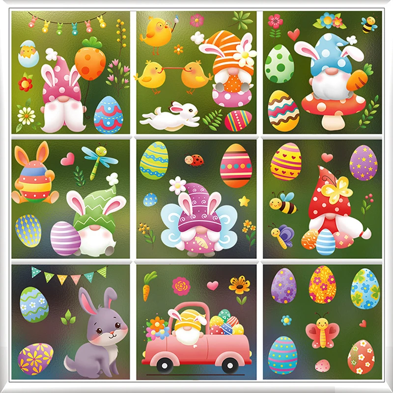 9sheets/set Easter Window Stickers Bunny Egg Clings for Home Decor