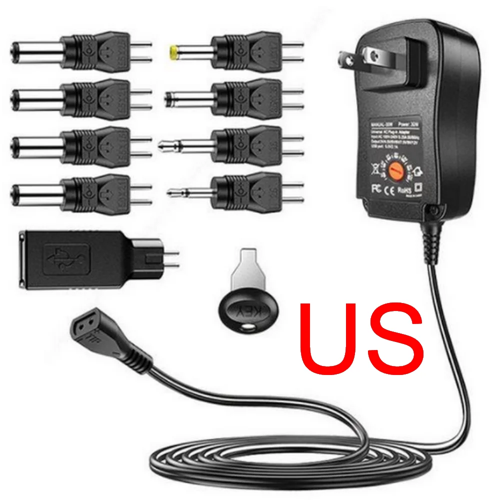 Power Adapter 30W Universal Adjustable AC To DC Plug 3V 4.5V 5V 6V 7.5V 9V 12V 2A 2.5A 2500mA Reverse polarity
